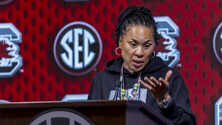 Oct 16, 2024; Birmingham, AL, USA; South Carolina Gamecocks head coach Dawn Staley talks with the media during SEC Media Days at Grand Bohemian Hotel. Mandatory Credit: Vasha Hunt-Imagn Images