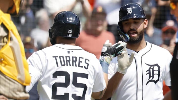 Apr 23, 2025; Detroit, Michigan, USA;  Detroit Tigers second baseman Gleyber Torres (25) receives congratulations from left fielder Riley Greene (31) after he hits a home run in the first inning against the San Diego Padres at Comerica Park