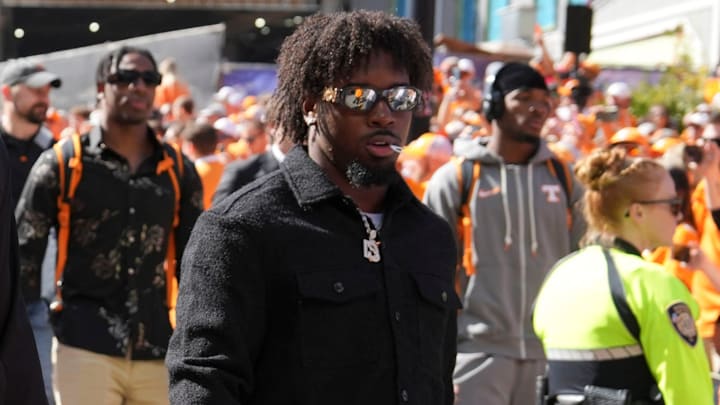 Tennessee running back Dylan Sampson (6) at the Vol Walk ahead of the NCAA college football game against Alabama on Saturday, Oct. 19, 2024, in Knoxville. Tenn.