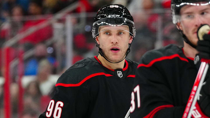 Jan 30, 2025; Raleigh, North Carolina, USA; Carolina Hurricanes right wing Mikko Rantanen (96) looks on against the Chicago Blackhawks during the third period at Lenovo Center. Mandatory Credit: James Guillory-Imagn Images Jan 30, 2025; Raleigh, North Carolina, USA; Carolina Hurricanes right wing Mikko Rantanen (96) looks on against the Chicago Blackhawks during the third period at Lenovo Center. Mandatory Credit: James Guillory-Imagn Images