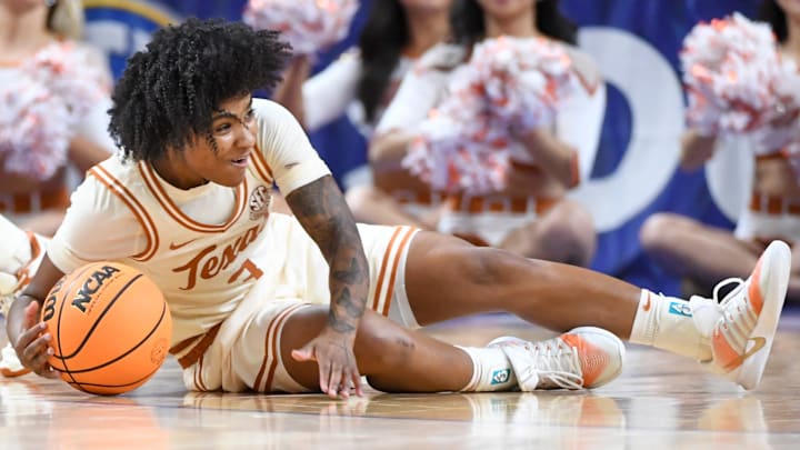 Texas Longhorns guard Rori Harmon (3) dives for the ball Saturday, March 7, 2026, during the SEC Women's Basketball Tournament semifinals game against the Ole Miss Rebels. Texas Longhorns guard Rori Harmon (3) dives for the ball Saturday, March 7, 2026, during the SEC Women's Basketball Tournament semifinals game against the Ole Miss Rebels.