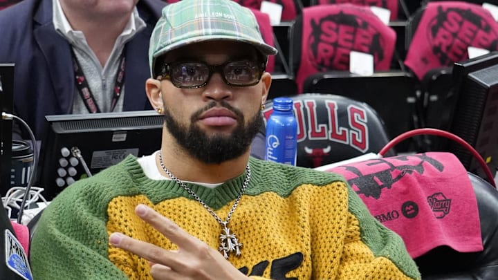 Caleb Williams, at the Bulls-Heat NBA play-in game. Doubt is being cast on a claim in a book saying he wasn't given proper guidance watching film last year.