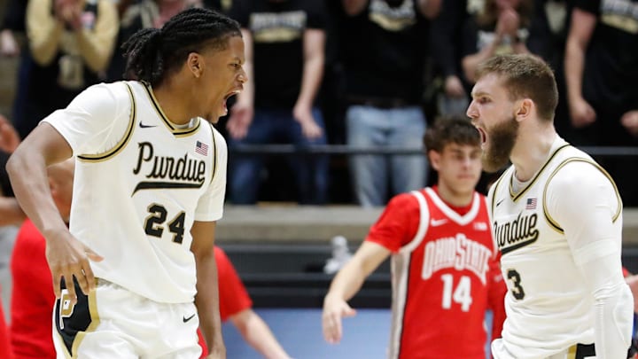 Purdue Boilermakers guard Gicarri Harris (24) celebrates with guard Braden Smith (3).