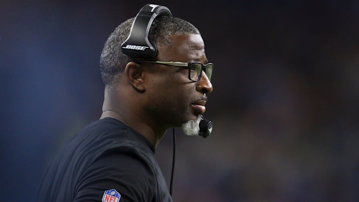 Jan 9, 2022; Detroit, Michigan, USA; Detroit Lions defensive coordinator Aaron Glenn looks on during the first quarter against the Green Bay Packers at Ford Field. Mandatory Credit: Raj Mehta-Imagn Images Jan 9, 2022; Detroit, Michigan, USA; Detroit Lions defensive coordinator Aaron Glenn looks on during the first quarter against the Green Bay Packers at Ford Field. Mandatory Credit: Raj Mehta-Imagn Images
