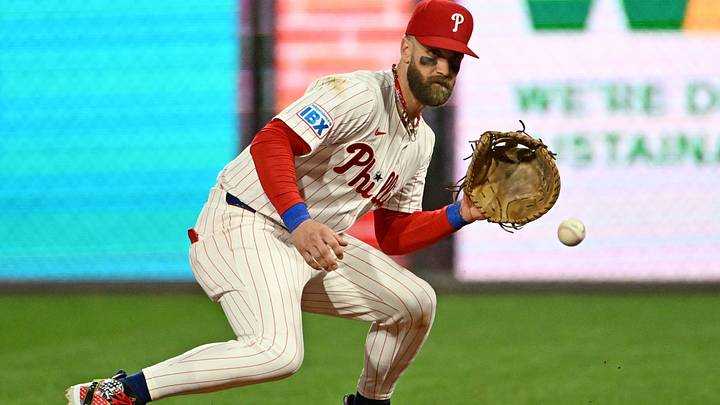Sep 8, 2025; Philadelphia, Pennsylvania, USA; Philadelphia Phillies first base Bryce Harper (3) fields a ground ball during the fourth inning against the New York Mets at Citizens Bank Park. Mandatory Credit: Eric Hartline-Imagn Images Sep 8, 2025; Philadelphia, Pennsylvania, USA; Philadelphia Phillies first base Bryce Harper (3) fields a ground ball during the fourth inning against the New York Mets at Citizens Bank Park. Mandatory Credit: Eric Hartline-Imagn Images