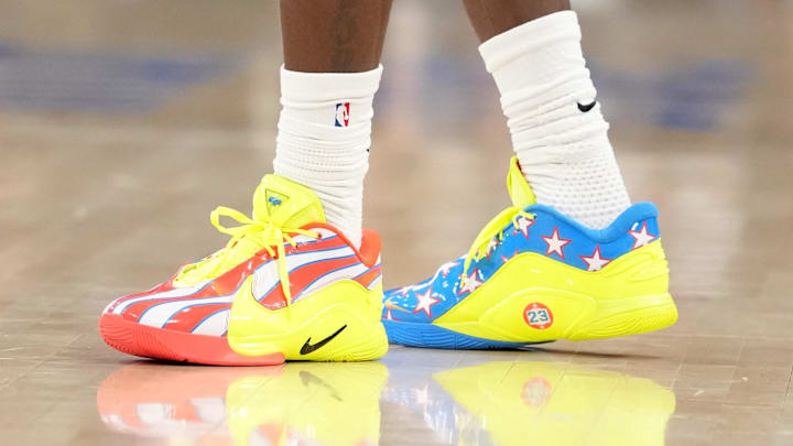 Los Angeles Lakers forward Lebron James wears the Nike LeBron 22 "USA" colorway. Los Angeles Lakers forward Lebron James wears the Nike LeBron 22 "USA" colorway.
