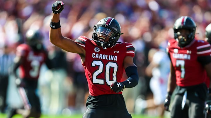 Oct 5, 2024; Columbia, South Carolina, USA; South Carolina Gamecocks defensive back Judge Collier (20) celebrates a pass breakup against the Mississippi Rebels in the first quarter at Williams-Brice Stadium. Mandatory Credit: Jeff Blake-Imagn Images