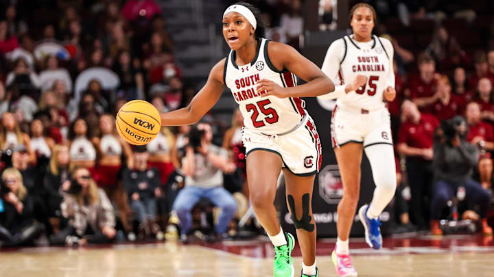 Nov 17, 2024; Columbia, South Carolina, USA; South Carolina Gamecocks guard Raven Johnson (25) brings the ball up against the East Carolina Lady Pirates in the second half at Colonial Life Arena. Mandatory Credit: Jeff Blake-Imagn Images