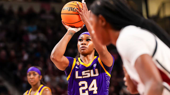Jan 24, 2025; Columbia, South Carolina, USA; LSU Lady Tigers guard Aneesah Morrow (24) shoots a free throw against the South Carolina Gamecocks in the second half at Colonial Life Arena. Mandatory Credit: Jeff Blake-Imagn Images Jan 24, 2025; Columbia, South Carolina, USA; LSU Lady Tigers guard Aneesah Morrow (24) shoots a free throw against the South Carolina Gamecocks in the second half at Colonial Life Arena. Mandatory Credit: Jeff Blake-Imagn Images
