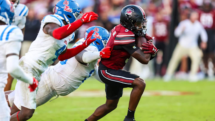 Oct 5, 2024; Columbia, South Carolina, USA; South Carolina Gamecocks wide receiver Mazeo Bennett Jr. (3) runs after a catch against the Mississippi Rebels in the second half at Williams-Brice Stadium. Mandatory Credit: Jeff Blake-Imagn Images