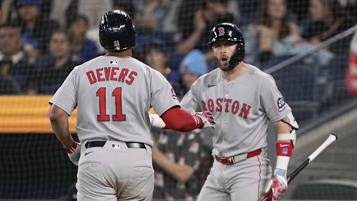 Boston Red Sox shortstop Trevor Story and designated hitter Rafael Devers 