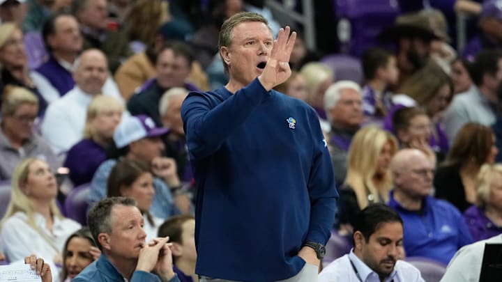 Jan 22, 2025; Fort Worth, Texas, USA; Kansas Jayhawks head coach Bill Self calls a play against the TCU Horned Frogs during the first half at Ed and Rae Schollmaier Arena. Mandatory Credit: Chris Jones-Imagn Images Jan 22, 2025; Fort Worth, Texas, USA; Kansas Jayhawks head coach Bill Self calls a play against the TCU Horned Frogs during the first half at Ed and Rae Schollmaier Arena. Mandatory Credit: Chris Jones-Imagn Images