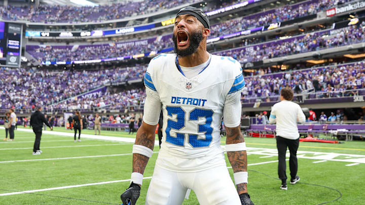 Oct 20, 2024; Minneapolis, Minnesota, USA; Detroit Lions cornerback Carlton Davis III (23) celebrates his teams win after the game against the Minnesota Vikings at U.S. Bank Stadium. Mandatory Credit: Matt Krohn-Imagn Images