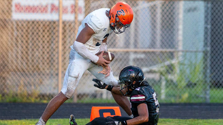 Benjamin wide reciever Amaree Williams taunts 
Palm Beach Central cornerback Mikey Gayle
during their game in Wellington, Florida on October 6, 2023.