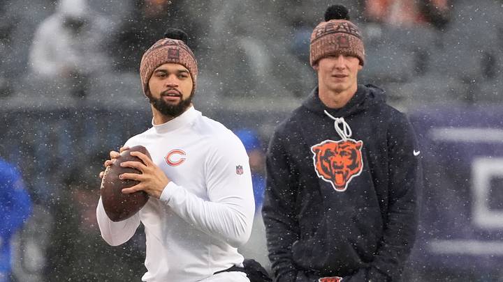 Jan 18, 2026; Chicago, IL, USA; Chicago Bears quarterback Caleb Williams (18) warms up while quarterback Tyson Bagent (17) looks on before an NFC Divisional Round game against the Los Angeles Rams at Soldier Field. Mandatory Credit: David Banks-Imagn Images Jan 18, 2026; Chicago, IL, USA; Chicago Bears quarterback Caleb Williams (18) warms up while quarterback Tyson Bagent (17) looks on before an NFC Divisional Round game against the Los Angeles Rams at Soldier Field. Mandatory Credit: David Banks-Imagn Images