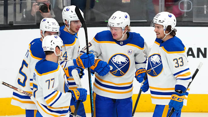 Dec 15, 2023; Las Vegas, Nevada, USA; Buffalo Sabres center Casey Mittelstadt (37) celebrates with