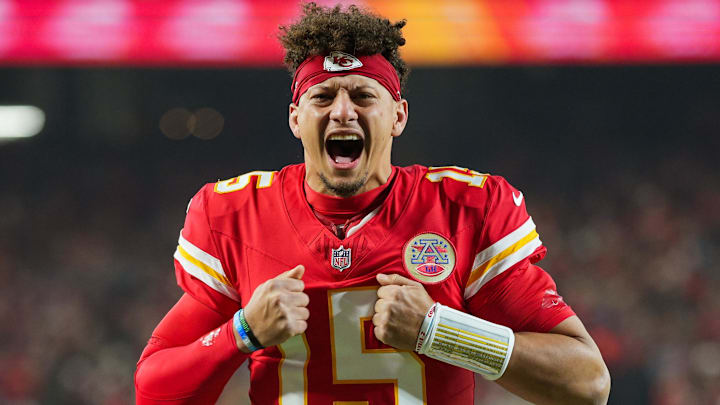 Dec 8, 2024; Kansas City, Missouri, USA; Kansas City Chiefs quarterback Patrick Mahomes (15) gets ready prior to a game against the Los Angeles Chargers at GEHA Field at Arrowhead Stadium. Mandatory Credit: Jay Biggerstaff-Imagn Images