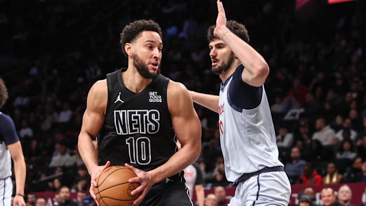 Feb 5, 2025; Brooklyn, New York, USA;  Brooklyn Nets guard Ben Simmons (10) looks to post up against Washington Wizards forward Tristan Vukcevic (00) in the third quarter at Barclays Center. Mandatory Credit: Wendell Cruz-Imagn Images