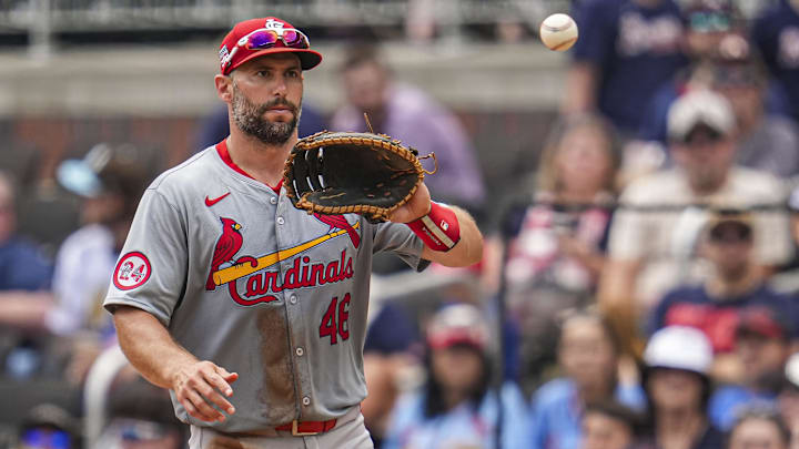 Jul 21, 2024; Cumberland, Georgia, USA; St. Louis Cardinals first baseman Paul Goldschmidt (46) records an out against the Atlanta Braves during the eighth inning at Truist Park. Mandatory Credit: Dale Zanine-USA TODAY Sports
