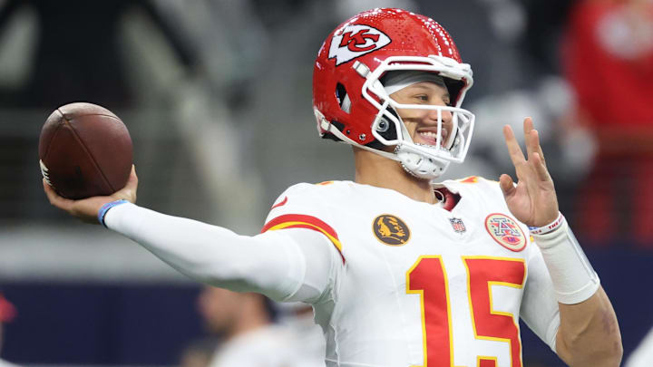 Nov 27, 2025; Arlington, Texas, USA; Kansas City Chiefs quarterback Patrick Mahomes (15) warms up prior to the game against the Dallas Cowboys at AT&T Stadium. Mandatory Credit: Kevin Jairaj-Imagn Images