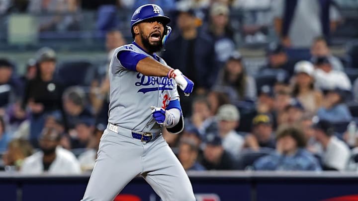 Oct 30, 2024; New York, New York, USA; Los Angeles Dodgers outfielder Teoscar Hernandez (37) celebrates after hitting a single during the ninth inning against the New York Yankees in game four of the 2024 MLB World Series at Yankee Stadium. Oct 30, 2024; New York, New York, USA; Los Angeles Dodgers outfielder Teoscar Hernandez (37) celebrates after hitting a single during the ninth inning against the New York Yankees in game four of the 2024 MLB World Series at Yankee Stadium.