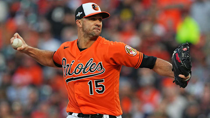 Oct 8, 2023; Baltimore, Maryland, USA; Baltimore Orioles starting pitcher Jack Flaherty (15) pitches during the fifth inning against the Texas Rangers during game two of the ALDS for the 2023 MLB playoffs at Oriole Park at Camden Yards. Oct 8, 2023; Baltimore, Maryland, USA; Baltimore Orioles starting pitcher Jack Flaherty (15) pitches during the fifth inning against the Texas Rangers during game two of the ALDS for the 2023 MLB playoffs at Oriole Park at Camden Yards.