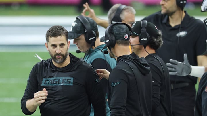 Feb 9, 2025; New Orleans, LA, USA;  Philadelphia Eagles head coach Nick Sirianni reacts in the fourth quarter against the Kansas City Chiefs in Super Bowl LIX at Ceasars Superdome.