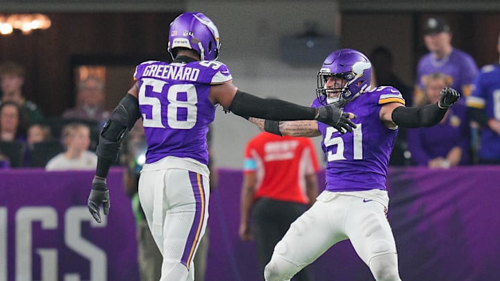 Dec 29, 2024; Minneapolis, Minnesota, USA; Minnesota Vikings linebacker Blake Cashman (51) celebrates a sack against Green Bay Packers in the fourth quarter at U.S. Bank Stadium. Dec 29, 2024; Minneapolis, Minnesota, USA; Minnesota Vikings linebacker Blake Cashman (51) celebrates a sack against Green Bay Packers in the fourth quarter at U.S. Bank Stadium.