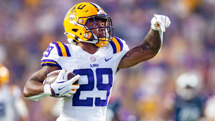 Tigers running back Caden Durham 29 scores a touchdown as the LSU Tigers take on the South Alabama Jaguars at Tiger Stadium in Baton Rouge, LA. Saturday, Sept. 28, 2024. Tigers running back Caden Durham 29 scores a touchdown as the LSU Tigers take on the South Alabama Jaguars at Tiger Stadium in Baton Rouge, LA. Saturday, Sept. 28, 2024.