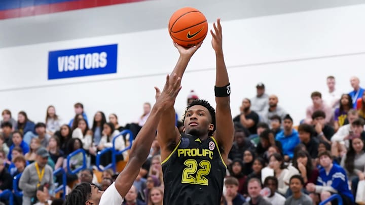 Darryn Peterson of Prolific Prep takes a jump shot against Long Island Lutheran in the quarterfinals of the 2025 Chipotle Nationals in Indiana.