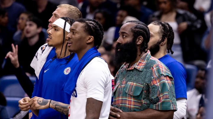 Mar 15, 2024; New Orleans, Louisiana, USA;  LA Clippers bench watches the final minute from the bench against the New Orleans Pelicans during the second half at Smoothie King Center. 