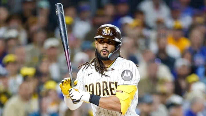 Apr 28, 2026; San Diego, California, USA; San Diego Padres second baseman Fernando Tatis Jr. (23) reacts after a ball call during the fifth inning against the Chicago Cubs at Petco Park. Mandatory Credit: David Frerker-Imagn Images