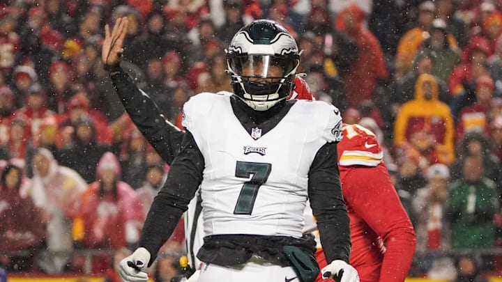 Nov 20, 2023; Kansas City, Missouri, USA; Philadelphia Eagles linebacker Haason Reddick (7) celebrates after a sack against the Kansas City Chiefs during the game at GEHA Field at Arrowhead Stadium. Mandatory Credit: Denny Medley-USA TODAY Sports