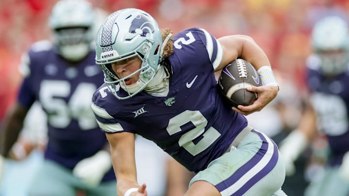 Aug 23, 2025; Dublin, IRELAND; Kansas State quarterback Avery Johnson scores a touchdown during the Aer Lingus Classic between Iowa State and Kansas State at Aviva Stadium. Mandatory Credit: Laszlo Geczo/INPHO via Imagn Images
