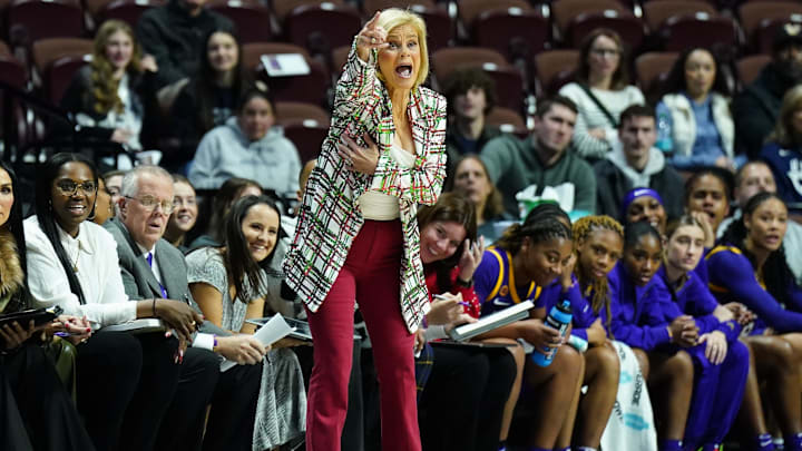 Dec 17, 2024; Uncasville, Connecticut, USA; LSU Lady Tigers head coach Kim Mulkey watches from the sideline as they take on the Seton Hall Pirates at Mohegan Sun Arena. Mandatory Credit: David Butler II-Imagn Images