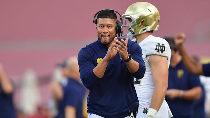 Nov 30, 2024; Los Angeles, California, USA; Notre Dame Fighting Irish head coach Marcus Freeman reacts after cornerback Christian Gray (29) blocks a pass against the Southern California Trojans  during the second half at the Los Angeles Memorial Coliseum. 