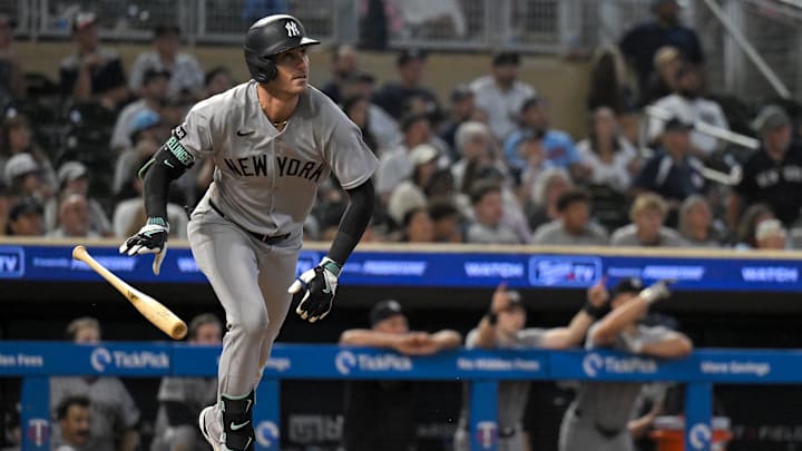 Sep 17, 2025; Minneapolis, Minnesota, USA; New York Yankees outfielder Cody Bellinger (35) hits a two-run home run against the Minnesota Twins during the ninth inning at Target Field. Mandatory Credit: Nick Wosika-Imagn Images Sep 17, 2025; Minneapolis, Minnesota, USA; New York Yankees outfielder Cody Bellinger (35) hits a two-run home run against the Minnesota Twins during the ninth inning at Target Field. Mandatory Credit: Nick Wosika-Imagn Images