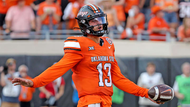 Oklahoma State's Garret Rangel (13) reacts after a delay of game penalty in the second half of the college football between the Oklahoma State University Cowboys and the Utah Utes at Boone Pickens Stadium in Stillwater, Okla., Saturday, Sept., 21, 2024.