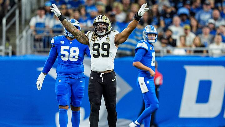New Orleans Saints edge rusher Chase Young (99) celebrates a play against Detroit Lions during the first half at Ford Field in Detroit on Sunday, Sept. 13, 2026.