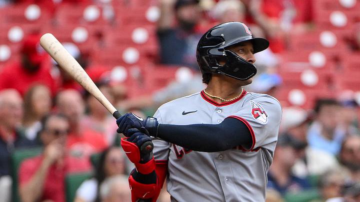 Apr 15, 2026; St. Louis, Missouri, USA; Cleveland Guardians catcher Bo Naylor (23) hits a two run double against the St. Louis Cardinals during the seventh inning at Busch Stadium. Players and coaches are wearing number 42 in recognition of Jackie Robinson Day. Mandatory Credit: Jeff Curry-Imagn Images