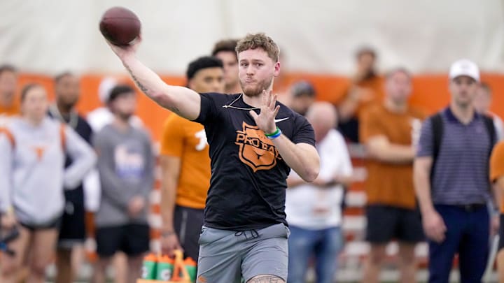 Former Longhorns Quinn Ewers passes during the Texas' Pro Day at the Texas Football Training Facility on Tuesday, March 25, 2025. Former Longhorns Quinn Ewers passes during the Texas' Pro Day at the Texas Football Training Facility on Tuesday, March 25, 2025.