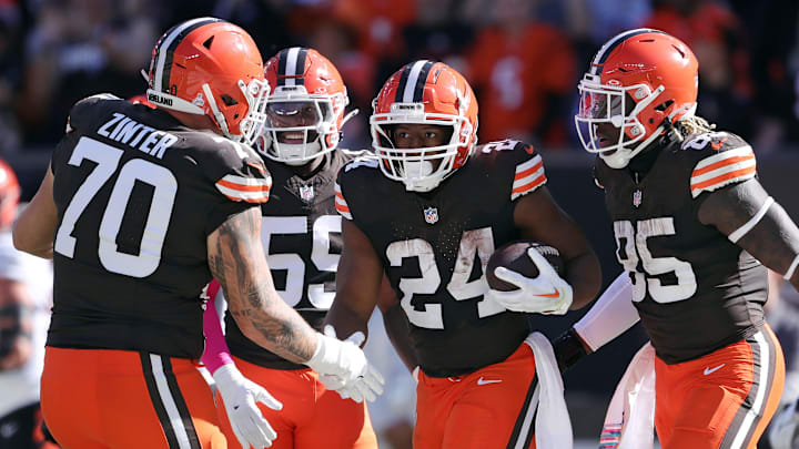 Cleveland Browns running back Nick Chubb (24) celebrates his rushing touchdown with guard Zak Zinter (70) and tight end David Njoku (85) during the first half of an NFL football game against the Cincinnati Bengals at Huntington Bank Field, Sunday, Oct. 20, 2024, in Cleveland, Ohio. Cleveland Browns running back Nick Chubb (24) celebrates his rushing touchdown with guard Zak Zinter (70) and tight end David Njoku (85) during the first half of an NFL football game against the Cincinnati Bengals at Huntington Bank Field, Sunday, Oct. 20, 2024, in Cleveland, Ohio.