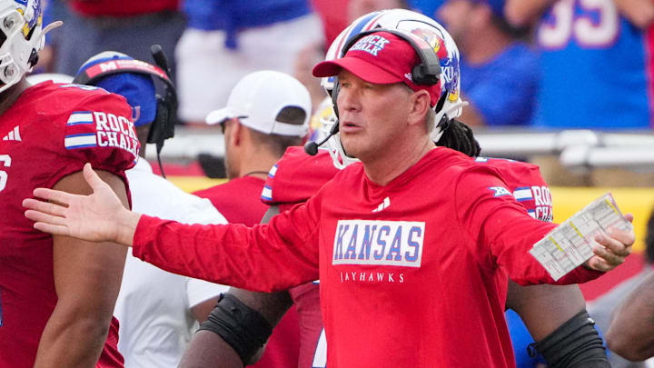 Sep 28, 2024; Kansas City, Missouri, USA; Kansas Jayhawks head coach Lance Leipold reacts to play against the TCU Horned Frogs during the second half at GEHA Field at Arrowhead Stadium. Mandatory Credit: Denny Medley-Imagn Images
