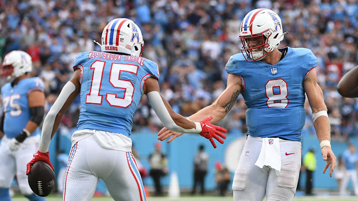 Oct 29, 2023; Nashville, Tennessee, USA; Tennessee Titans quarterback Will Levis (8) and wide