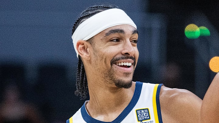 Feb 26, 2025; Indianapolis, Indiana, USA; Indiana Pacers guard Andrew Nembhard (2) in the first half against the Toronto Raptors at Gainbridge Fieldhouse. Mandatory Credit: Trevor Ruszkowski-Imagn Images