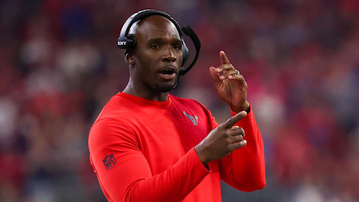 Nov 20, 2025; Houston, Texas, USA;Houston Texans head coach DeMeco Ryans coaches against the Buffalo Bills  in the second half at NRG Stadium. Mandatory Credit: Thomas Shea-Imagn Images