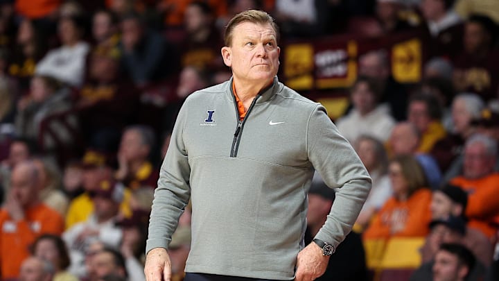Feb 8, 2025; Minneapolis, Minnesota, USA; Illinois Fighting Illini head coach Brad Underwood looks on during the first half against the Minnesota Golden Gophers at Williams Arena. Mandatory Credit: Matt Krohn-Imagn Images