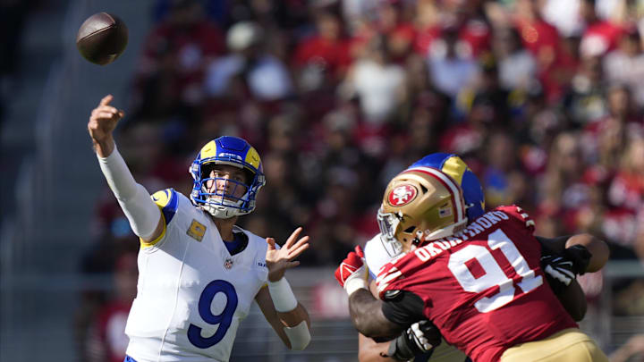 Nov 9, 2025; Santa Clara, California, USA; Los Angeles Rams quarterback Matthew Stafford (9) throws a pass during the first quarter against the San Francisco 49ers at Levi's Stadium. Mandatory Credit: Kyle Terada-Imagn Images