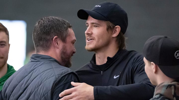 Oregon coach Dan Lanning has been very intentional about inviting alumni back into the program and connecting current players and recruits with the Pro Ducks. Moshofsky Center in Eugene, Ore.