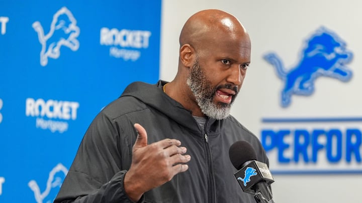 Detroit Lions Executive Vice President & General Manager Brad Holmes speaks to the press about their season, how it ended and what’s next at the Detroit Lions headquarters and training facility in Allen Park, Mich., Thursday, Jan. 23, 2025.